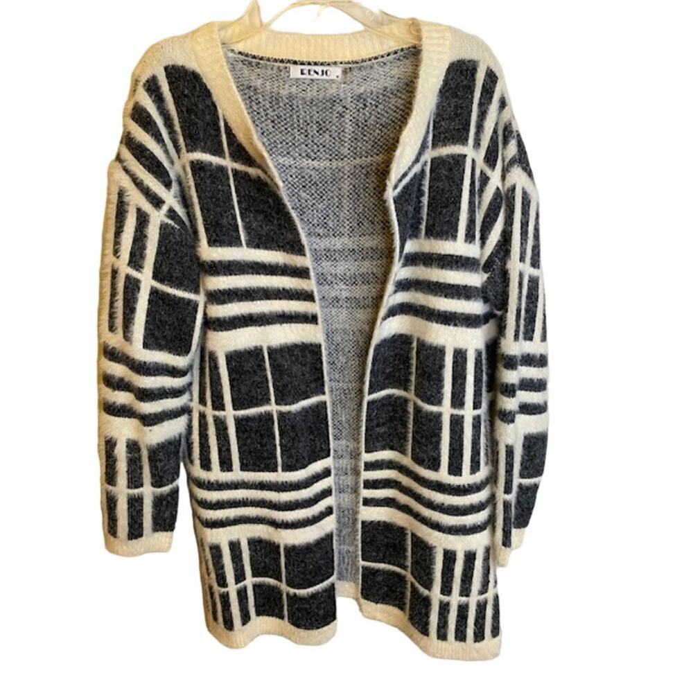 Renjo Gray White Print Soft Wool Blend Duster Sweater Size Medium